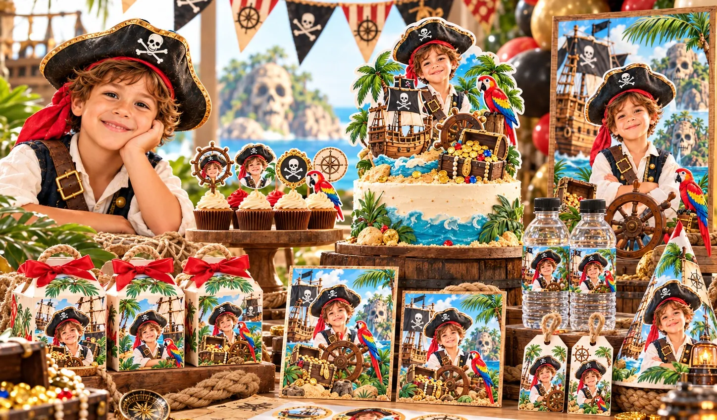 Bambino a tema pirati con topper per torta, inviti, scatoline, festone ed etichette personalizzate con la sua foto
