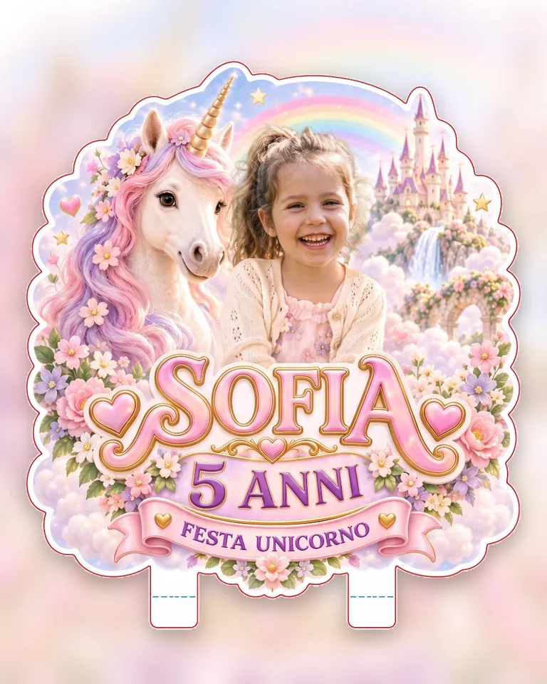 Il topper creato dalla foto, tema Unicorno