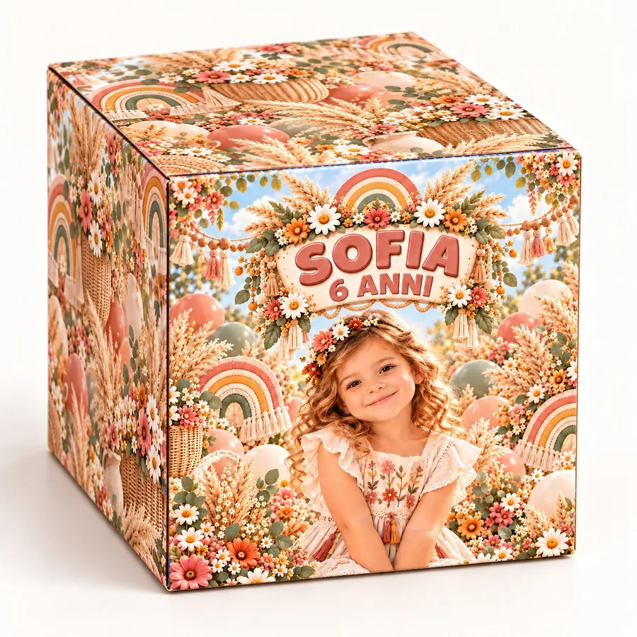 Scatolina cubo tema Arcobaleno boho