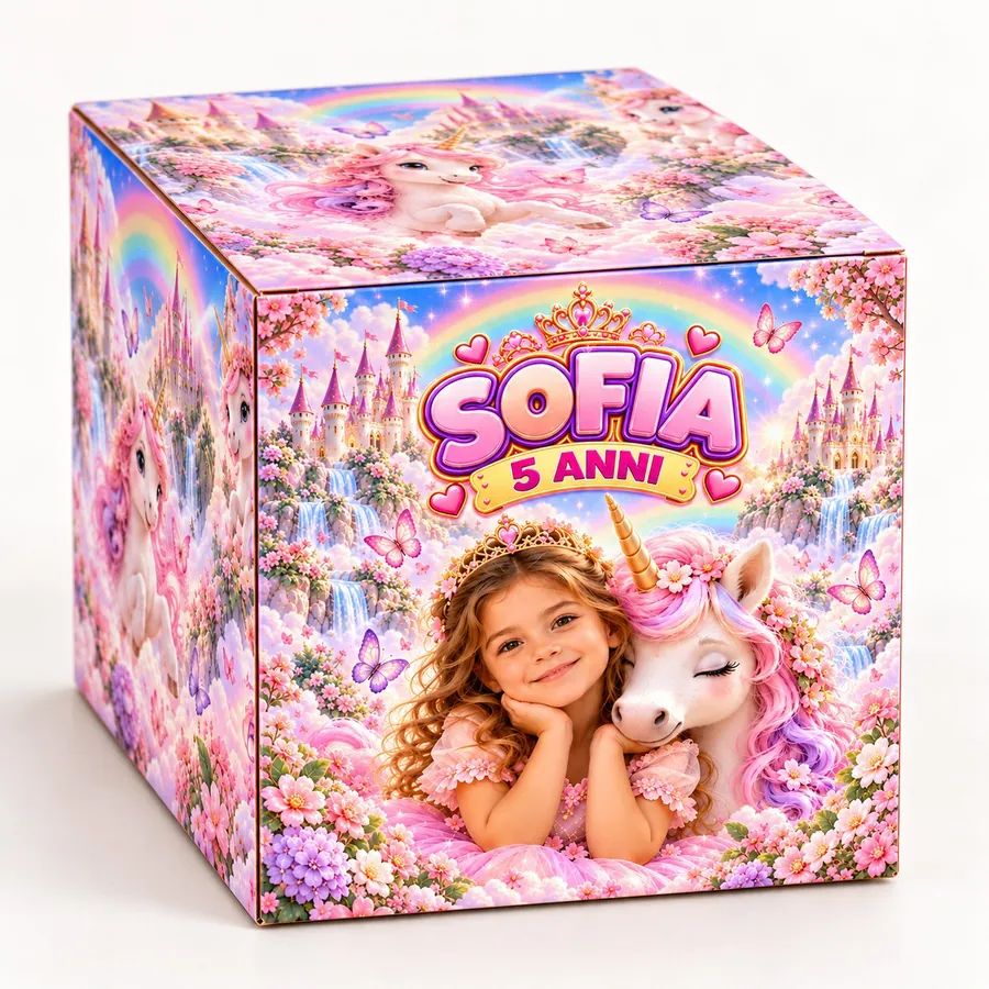 Scatolina cubo tema Unicorno