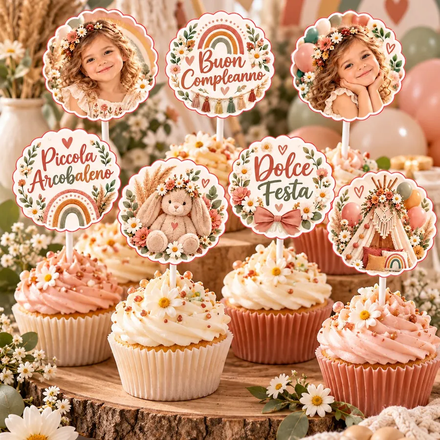 Topper cupcake tema Arcobaleno boho